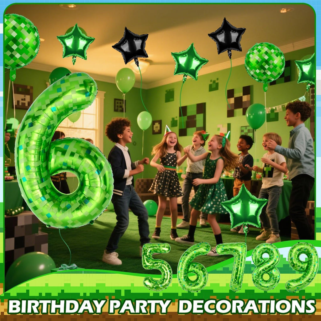 AXBMM 40 Inch Green Pixel Number 6 Balloon Set - 11pc Foil Party Balloons for 6th Birthday & Pixel Theme