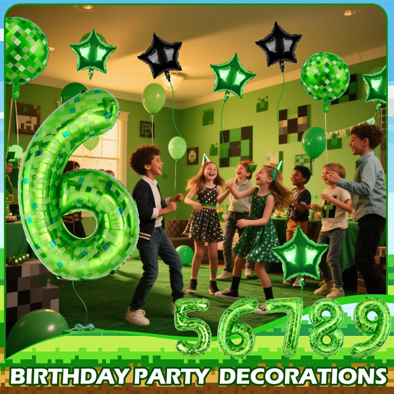 AXBMM 40 Inch Green Pixel Number 6 Balloon Set - 11pc Foil Party Balloons for 6th Birthday & Pixel Theme