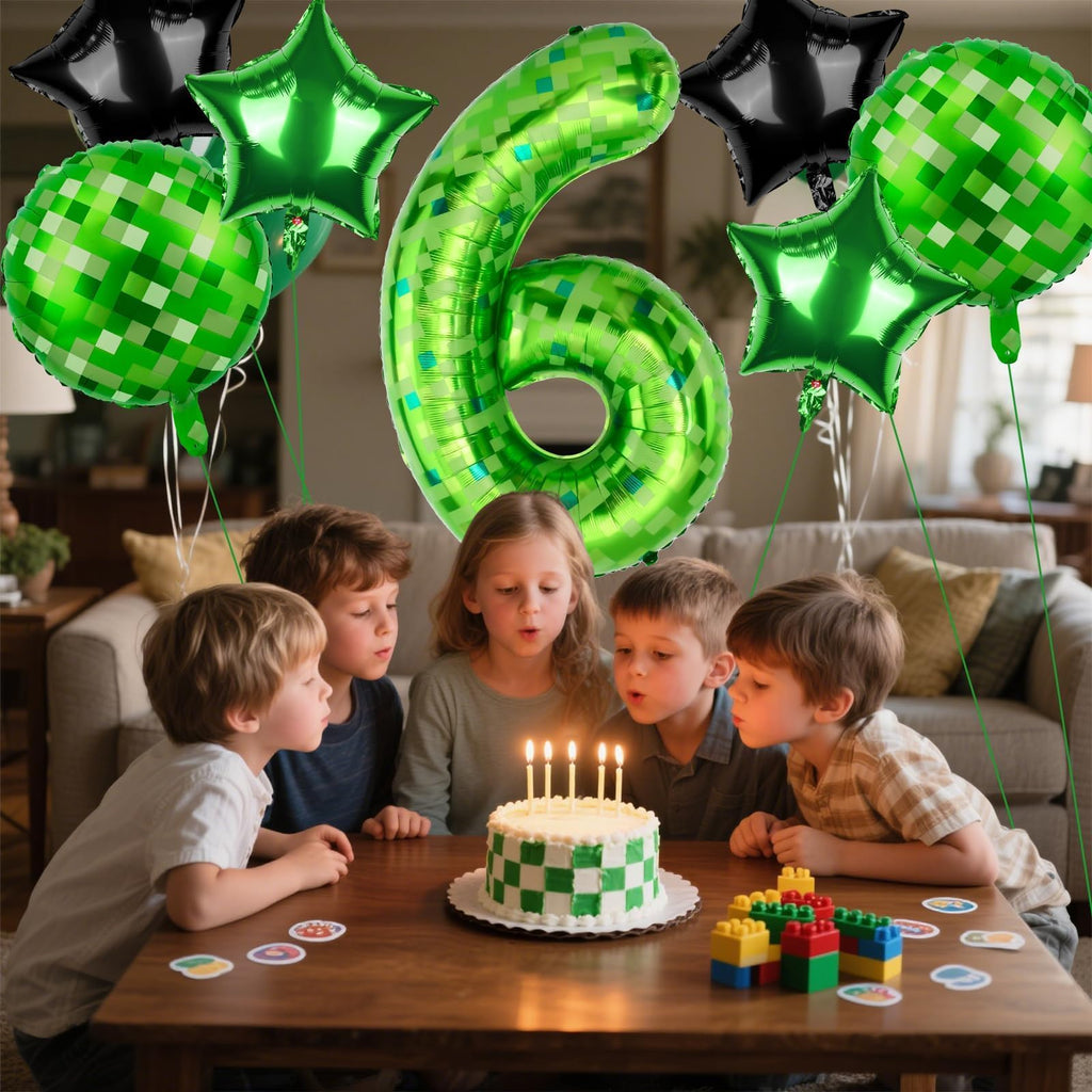AXBMM 40 Inch Green Pixel Number 6 Balloon Set - 11pc Foil Party Balloons for 6th Birthday & Pixel Theme