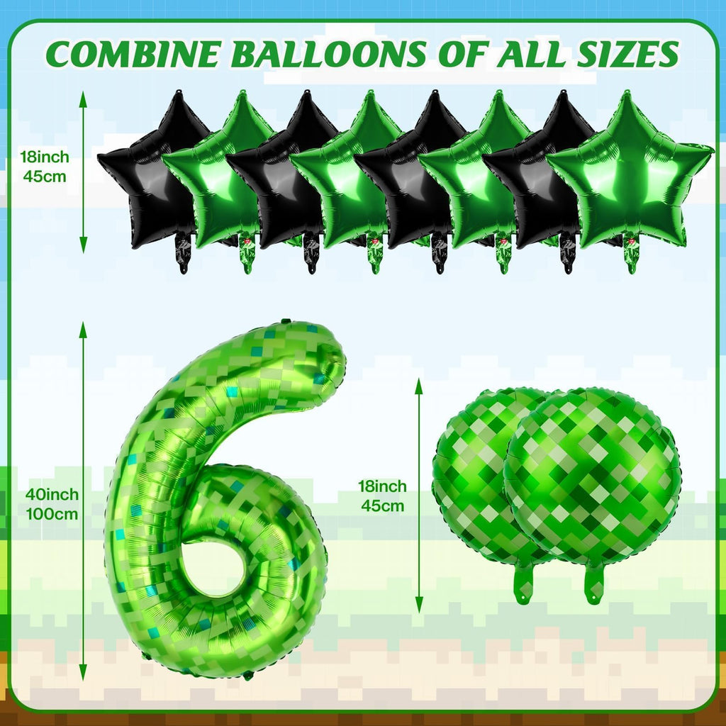 AXBMM 40 Inch Green Pixel Number 6 Balloon Set - 11pc Foil Party Balloons for 6th Birthday & Pixel Theme