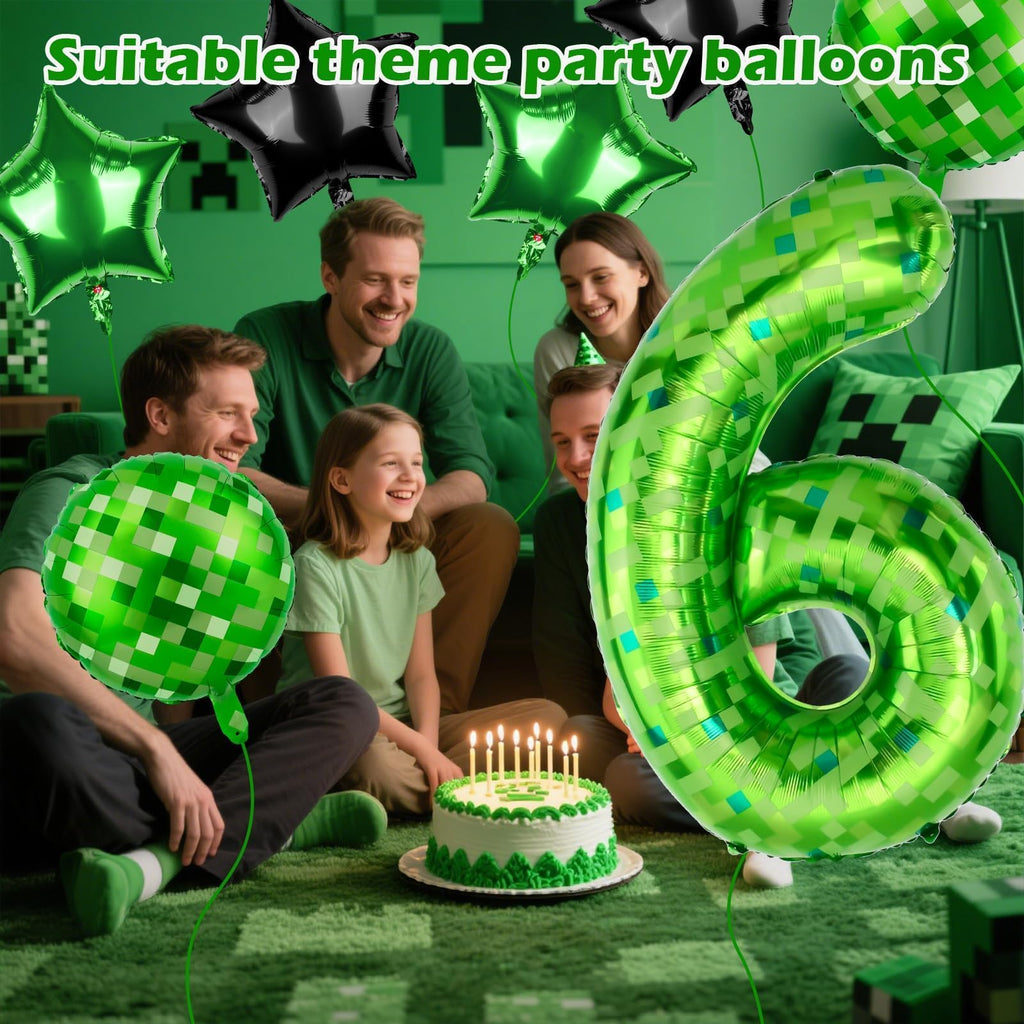 AXBMM 40 Inch Green Pixel Number 6 Balloon Set - 11pc Foil Party Balloons for 6th Birthday & Pixel Theme