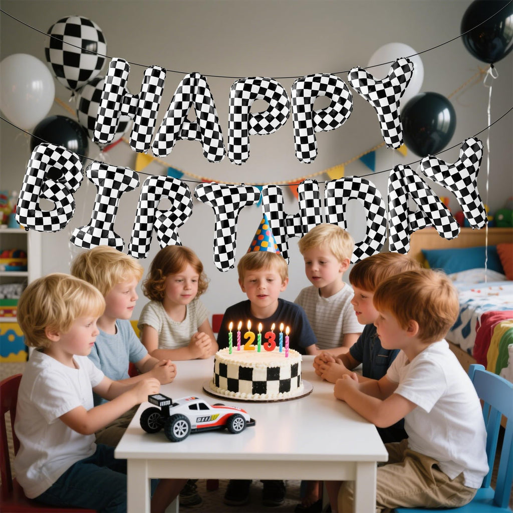 AXBMM Racing Cars Birthday Banner Kit - Checkered Backdrop & Balloons