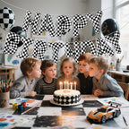AXBMM Racing Cars Birthday Banner Kit - Checkered Backdrop & Balloons