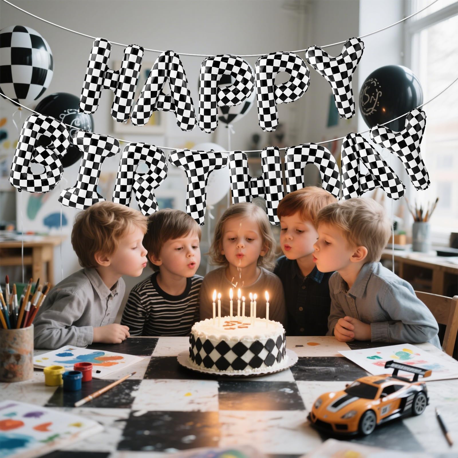 AXBMM Racing Cars Birthday Banner Kit - Checkered Backdrop & Balloons