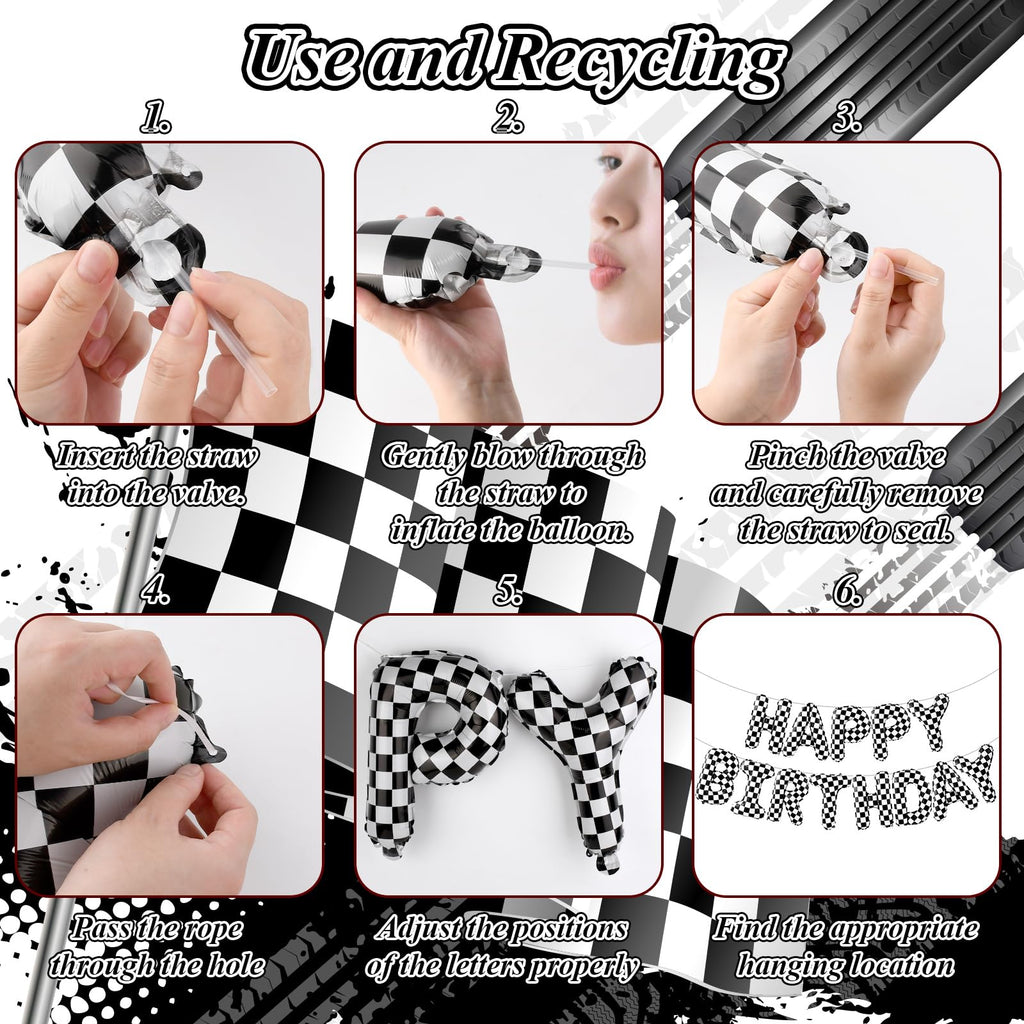 AXBMM Racing Cars Birthday Banner Kit - Checkered Backdrop & Balloons