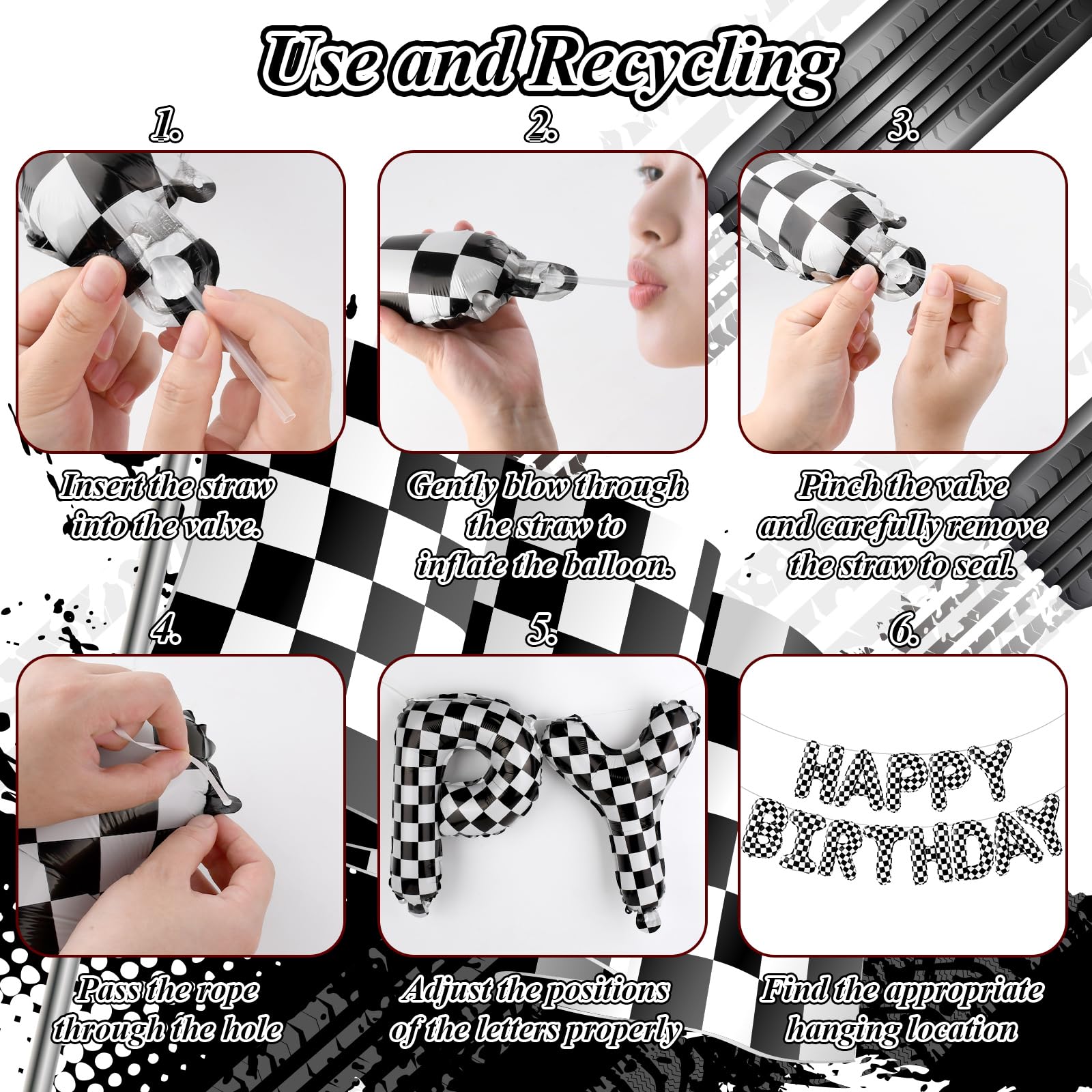 AXBMM Racing Cars Birthday Banner Kit - Checkered Backdrop & Balloons