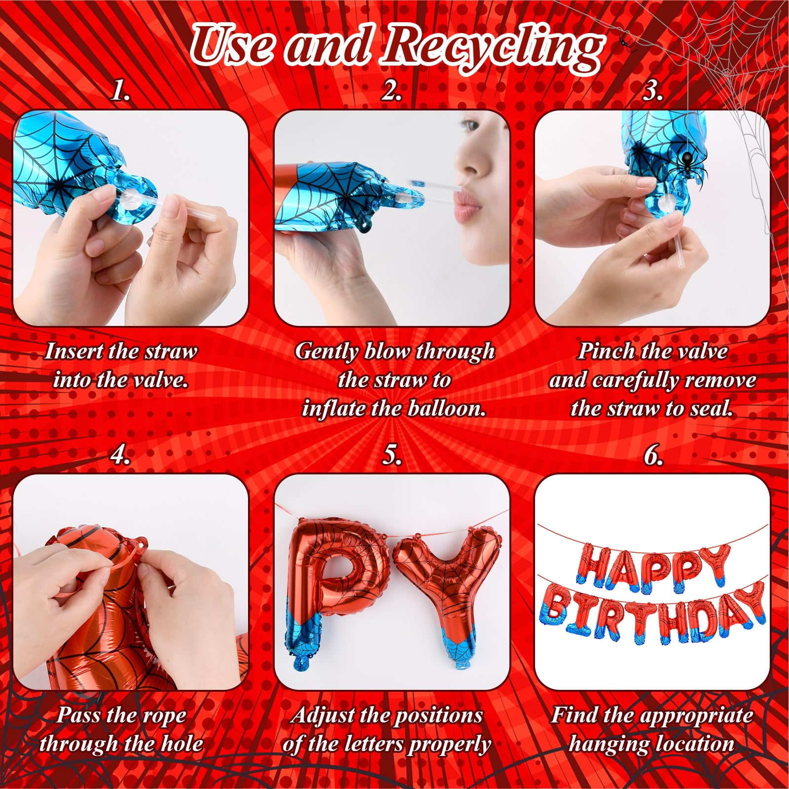AXBMM Spider Themed Happy Birthday Banner Kit – 12 ft Backdrop with Spider Balloons (Blue+Red)
