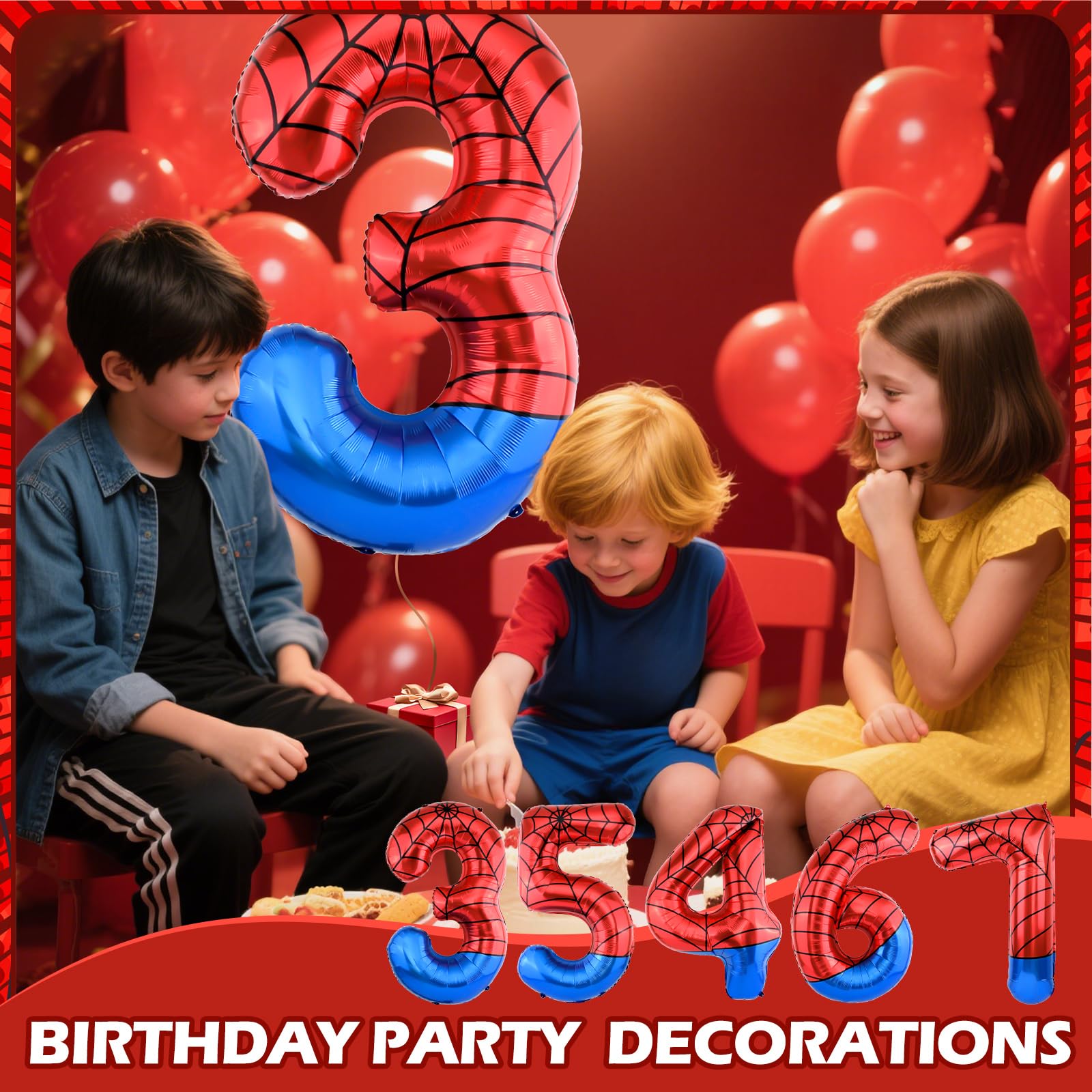 AXBMM 40-Inch Spider Balloons Numbers 3–7 for Spider Birthday Decor