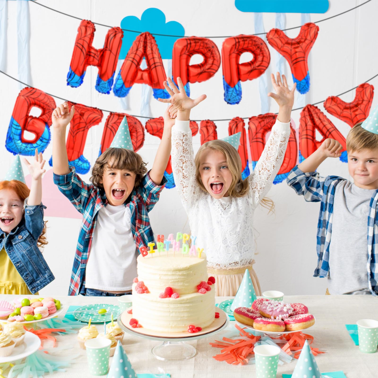 AXBMM Spider Themed Happy Birthday Banner Kit – 12 ft Backdrop with Spider Balloons (Blue+Red)