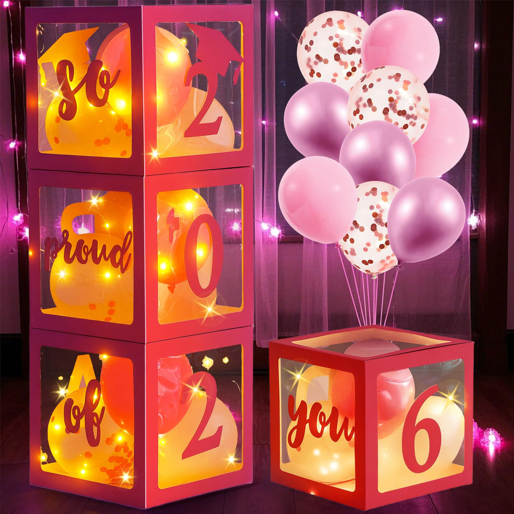 AYGXU Graduation Decorations 2026 Pink Balloon Box Set – Letters, Balloons & LED Lights