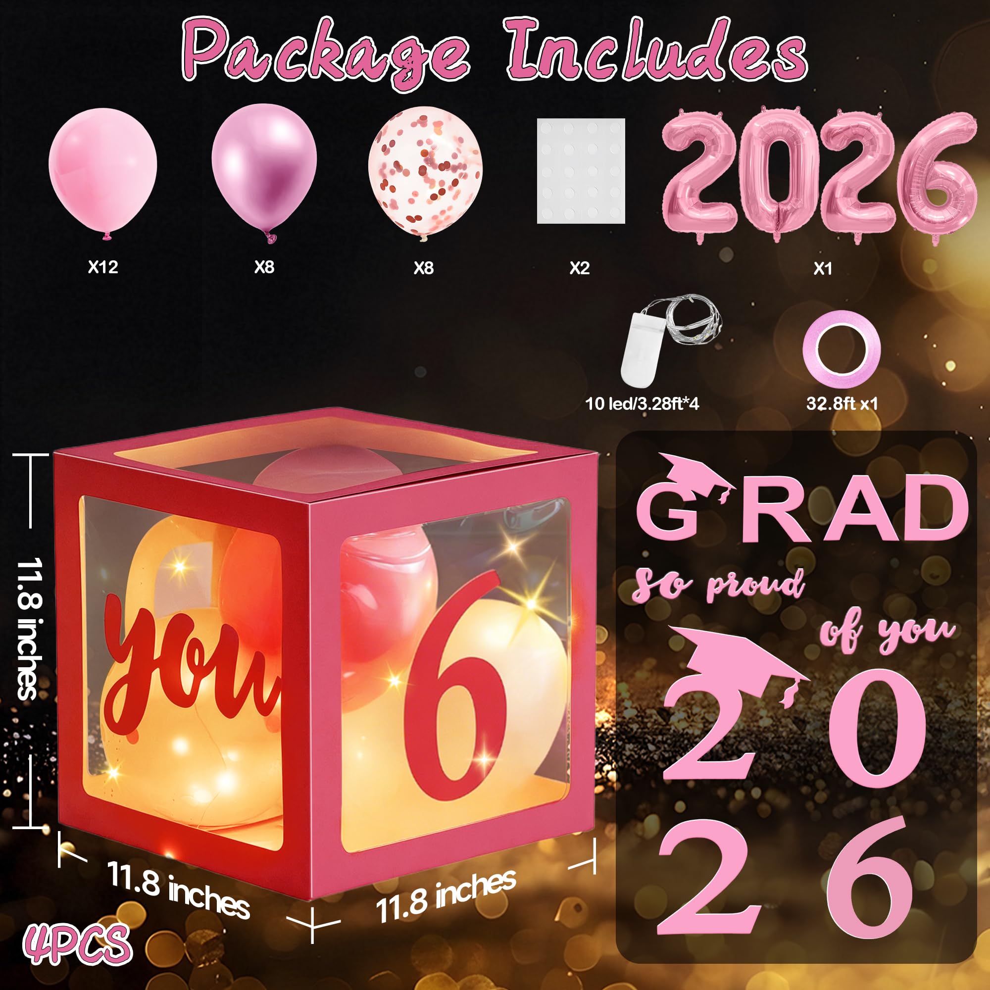 AYGXU Graduation Decorations 2026 Pink Balloon Box Set – Letters, Balloons & LED Lights