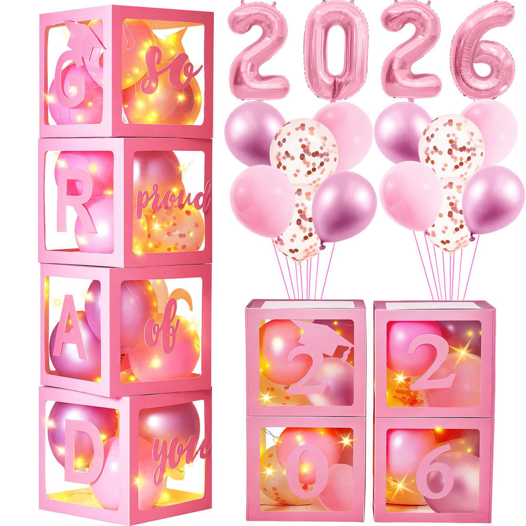 AYGXU Graduation Decorations 2026 Pink Balloon Box Set – Letters, Balloons & LED Lights