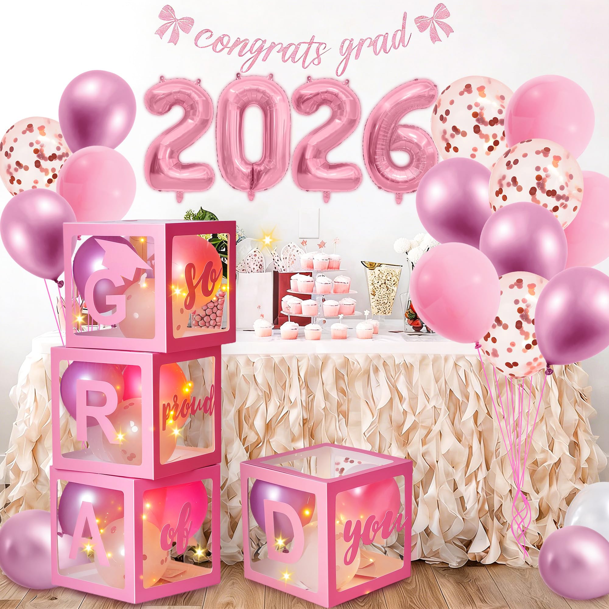 AYGXU Graduation Decorations 2026 Pink Balloon Box Set – Letters, Balloons & LED Lights