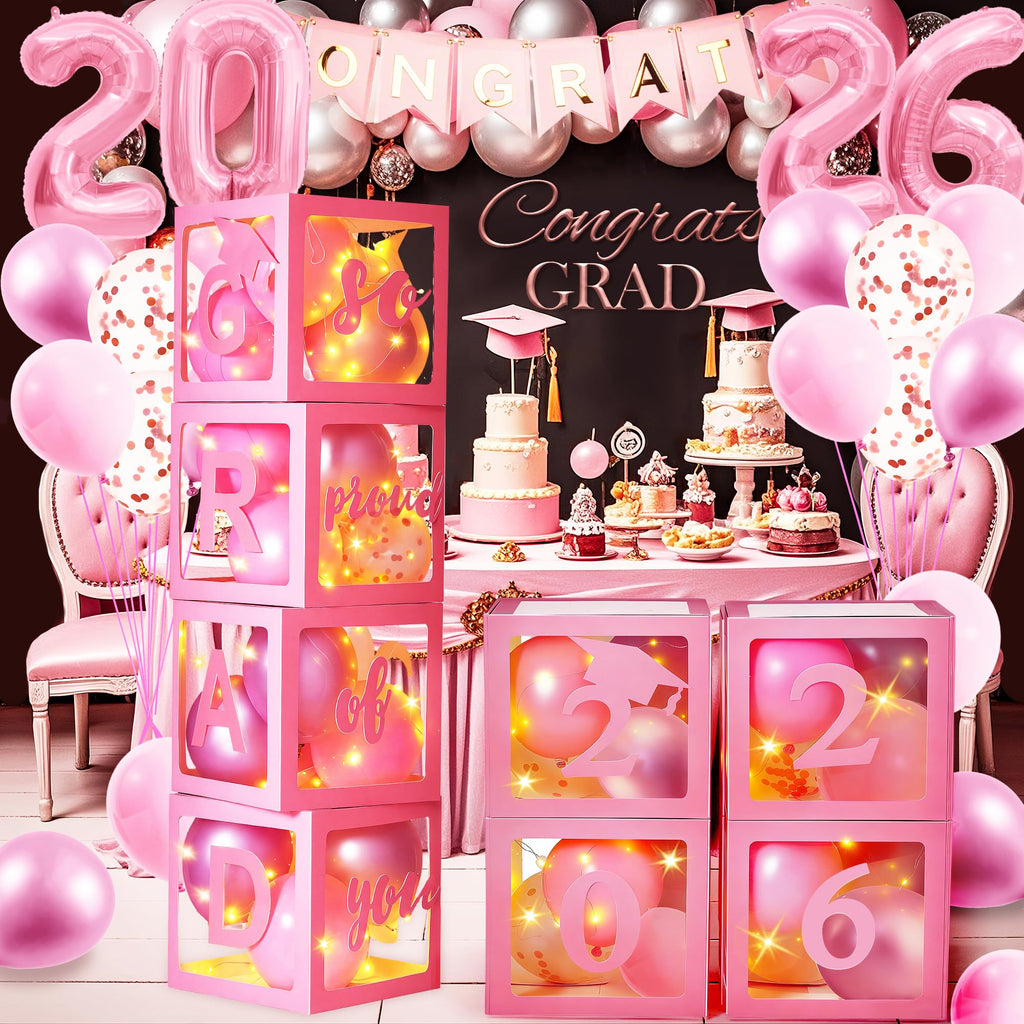 AYGXU Graduation Decorations 2026 Pink Balloon Box Set – Letters, Balloons & LED Lights