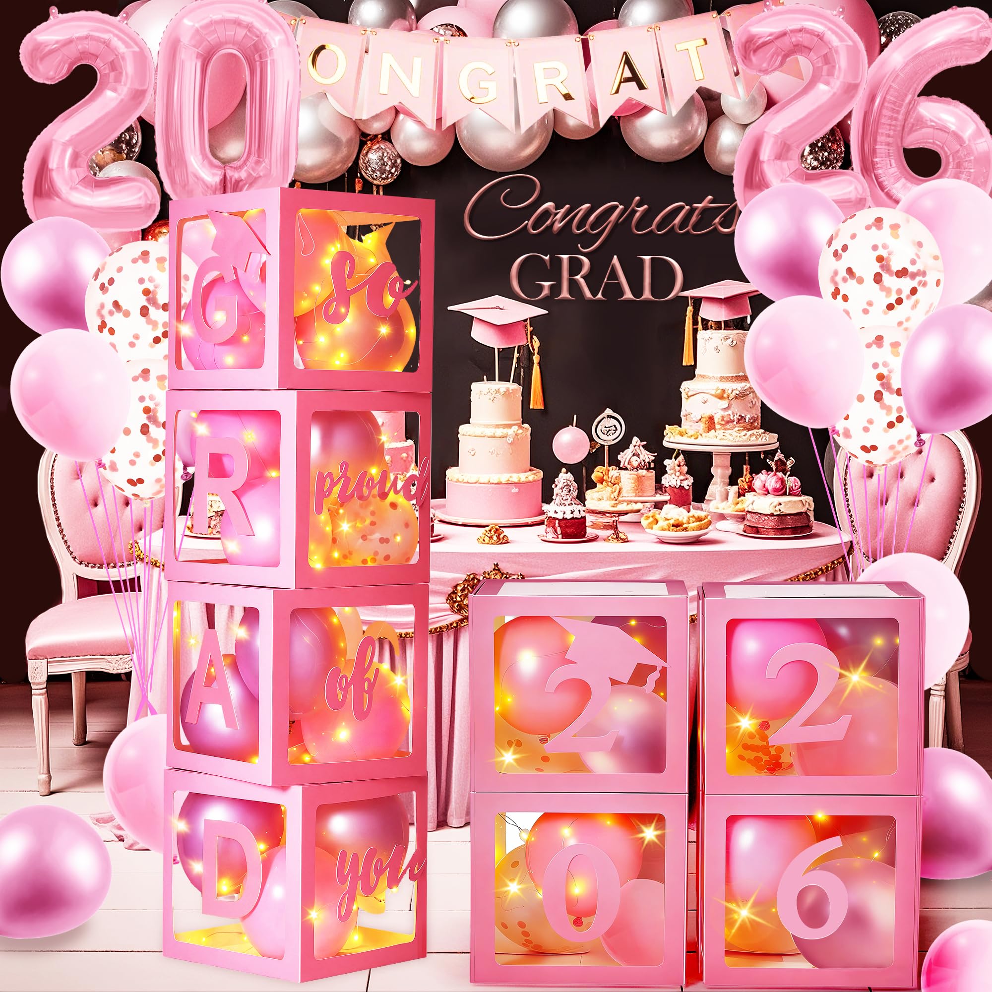 AYGXU Graduation Decorations 2026 Pink Balloon Box Set – Letters, Balloons & LED Lights