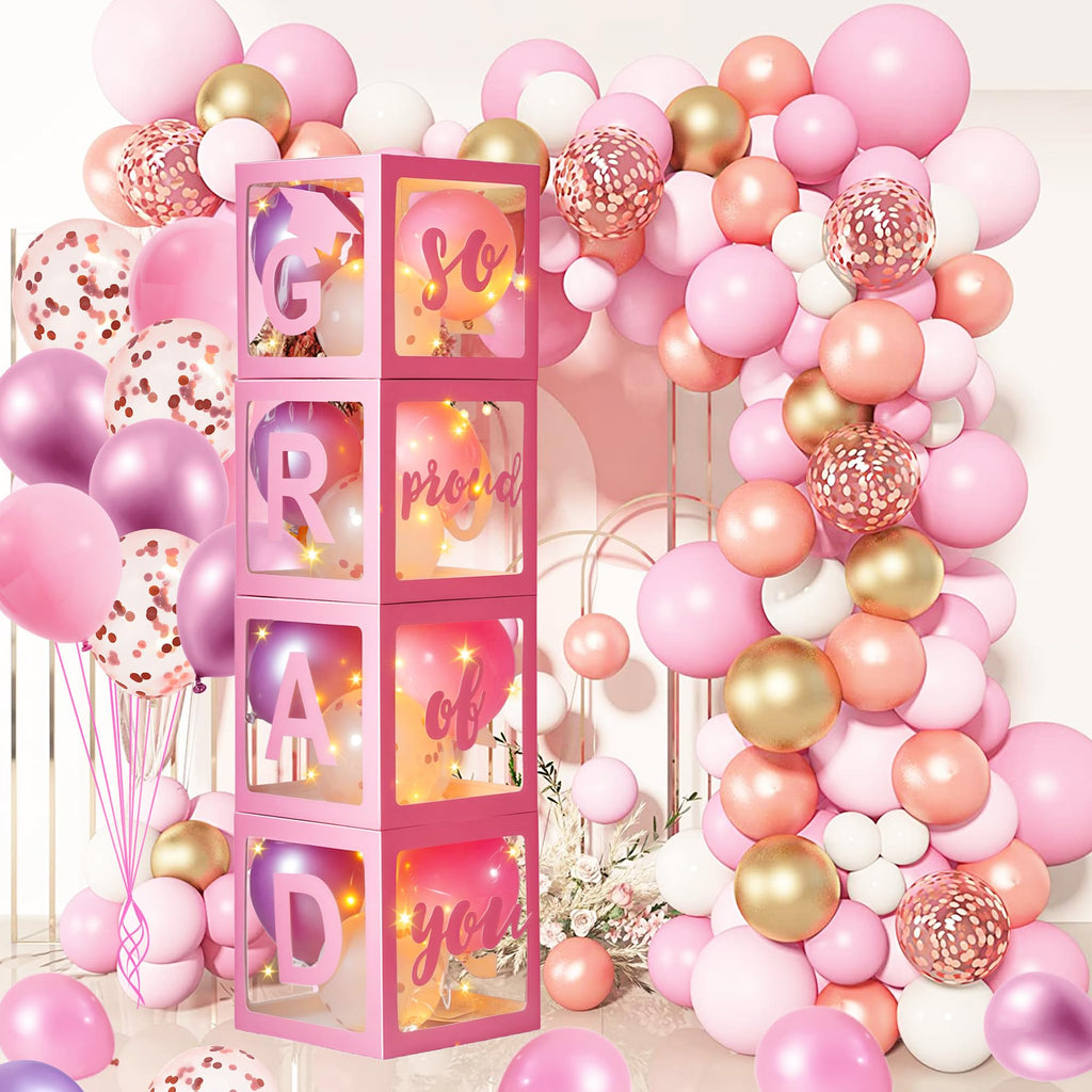 AYGXU Graduation Decorations 2026 Pink Balloon Box Set – Letters, Balloons & LED Lights