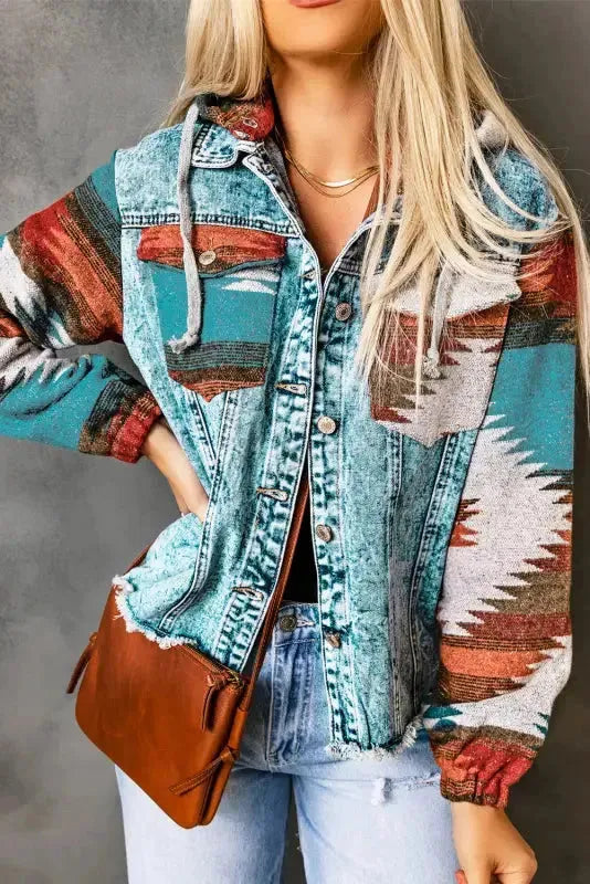Aztec Print Frayed Hem Denim Jacket Women UK