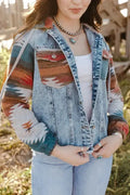 Aztec Print Frayed Hem Denim Jacket Women UK