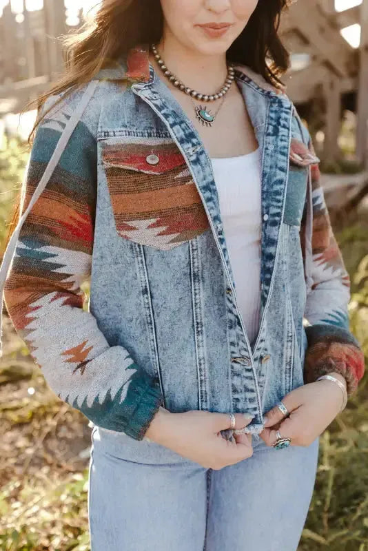Aztec Print Frayed Hem Denim Jacket Women UK