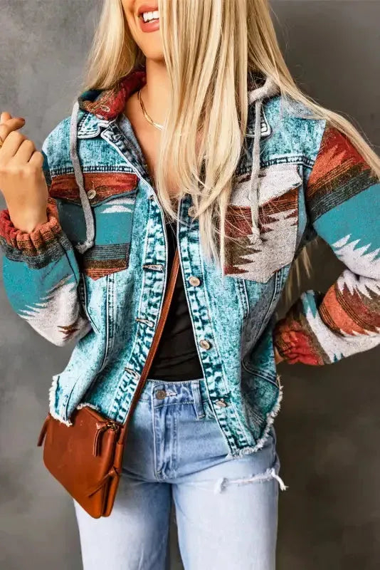 Aztec Print Frayed Hem Denim Jacket Women UK