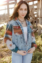 Aztec Print Frayed Hem Denim Jacket Women UK