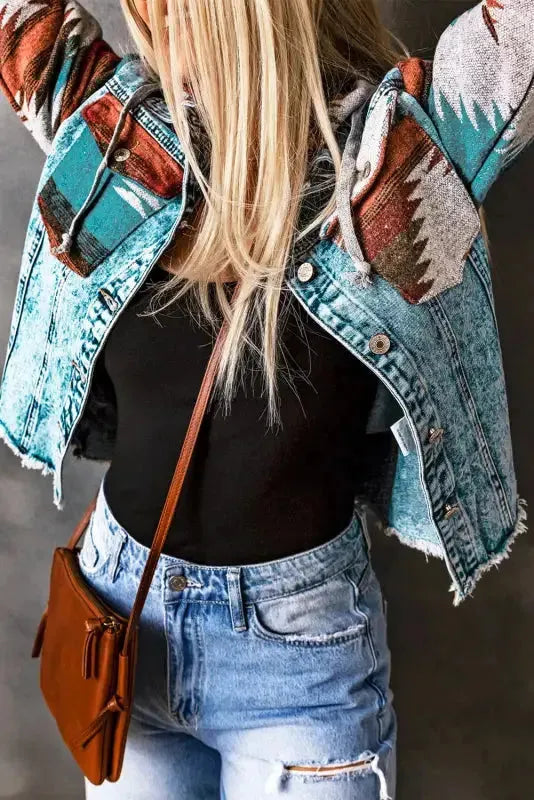 Aztec Print Frayed Hem Denim Jacket Women UK