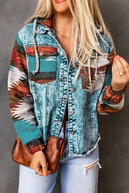 Aztec Print Frayed Hem Denim Jacket Women UK