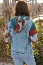 Aztec Print Frayed Hem Denim Jacket Women UK