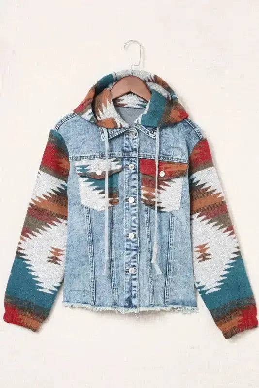 Aztec Print Frayed Hem Denim Jacket Women UK