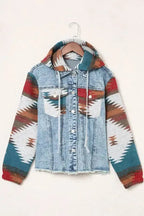 Aztec Print Frayed Hem Denim Jacket Women UK