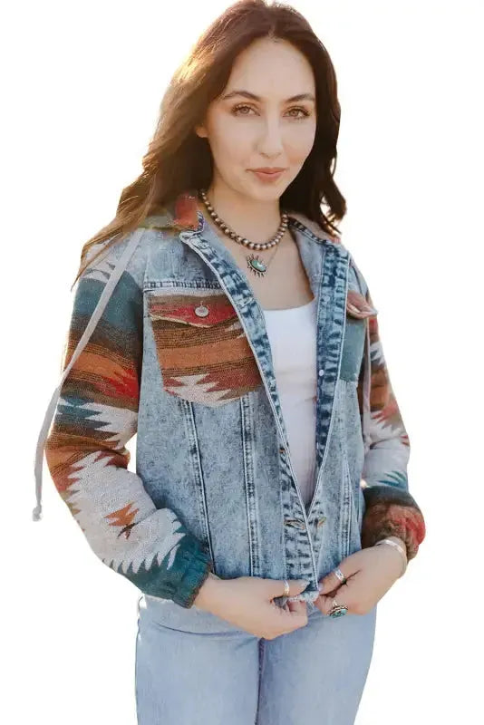 Aztec Print Frayed Hem Denim Jacket Women UK