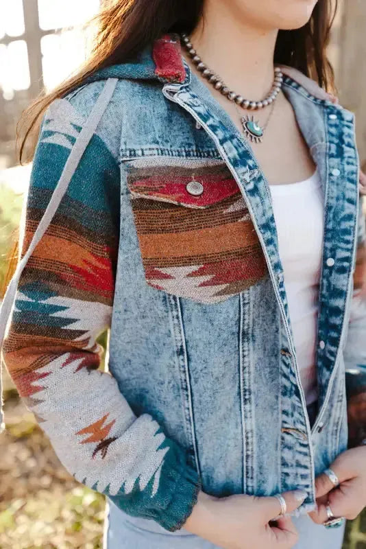 Aztec Print Frayed Hem Denim Jacket Women UK