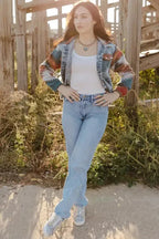 Aztec Print Frayed Hem Denim Jacket Women UK