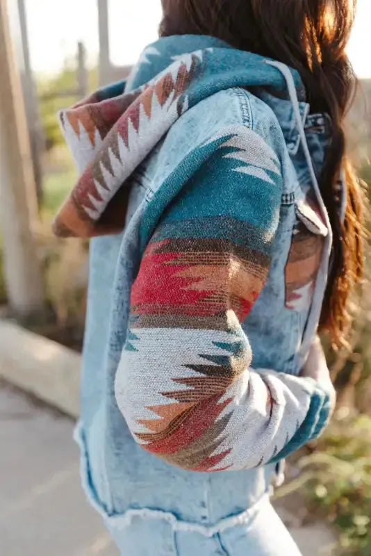 Aztec Print Frayed Hem Denim Jacket Women UK