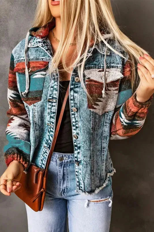 Aztec Print Frayed Hem Denim Jacket Women UK