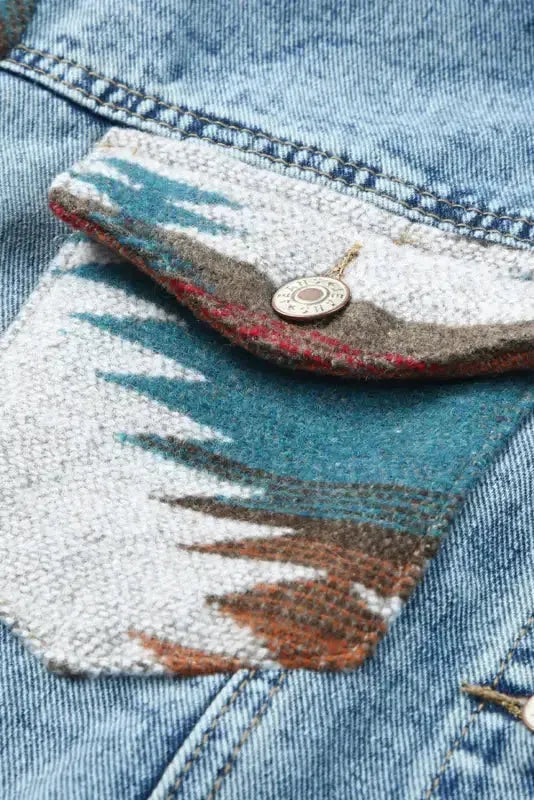 Aztec Print Frayed Hem Denim Jacket Women UK