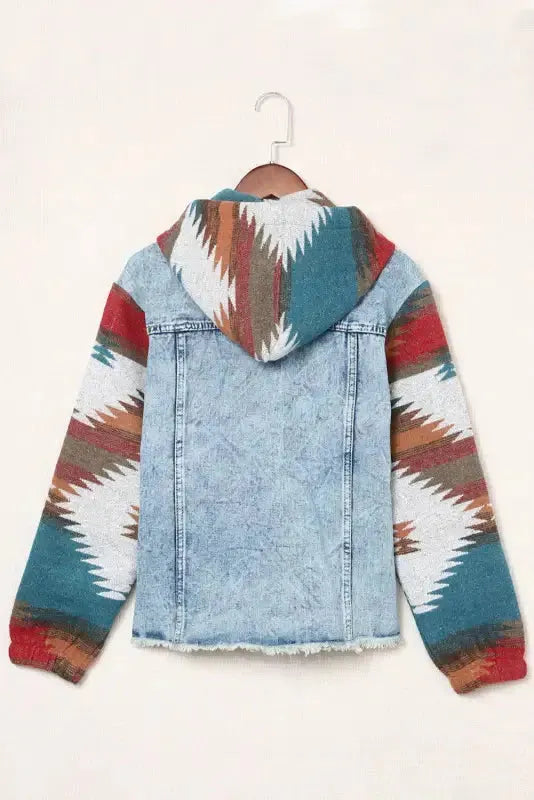 Aztec Print Frayed Hem Denim Jacket Women UK