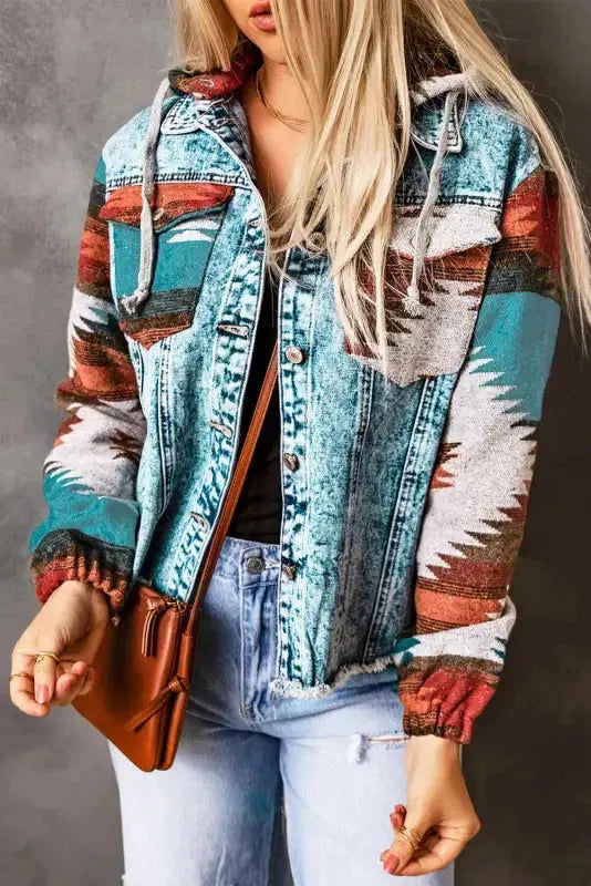 Aztec Print Frayed Hem Denim Jacket Women UK