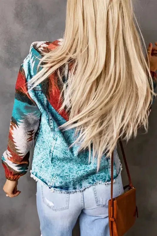 Aztec Print Frayed Hem Denim Jacket Women UK