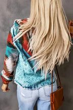 Aztec Print Frayed Hem Denim Jacket Women UK