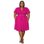 Women's New Arrival Ruffled Sleeve Lace-up Short Skirt With Pockets V-neck Plus-size Skirt Set