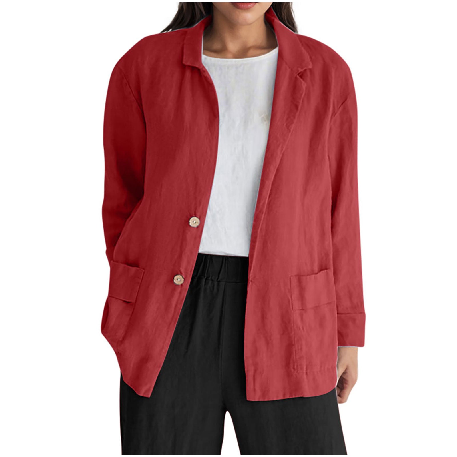 Loose-fit Solid-color Long-sleeve Cotton-linen Coat With Buttons For Women