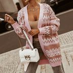 Women's V-neck Rhombus-Check Contrast-Color Mid-length Sweater Coat