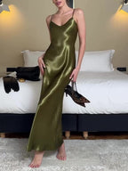 Olive Green Satin Slip Dress - Elegant Maxi Evening Gown for Women