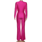 New Women's Fashion Sexy Deep V Long Sleeve Slim Fit Flared Jumpsuit