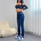 Women's Breasted Straight-leg Trousers Dark Blue Jeans