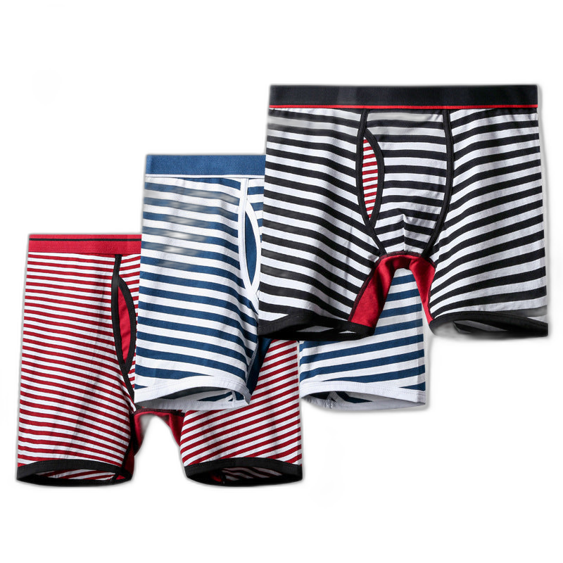 Men's Fly Front with Pouch Striped Cotton Boxer Briefs