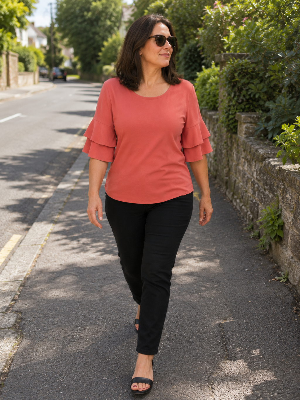 New Ladies Tiered Bell Sleeve Cranberry Loose Fit Top