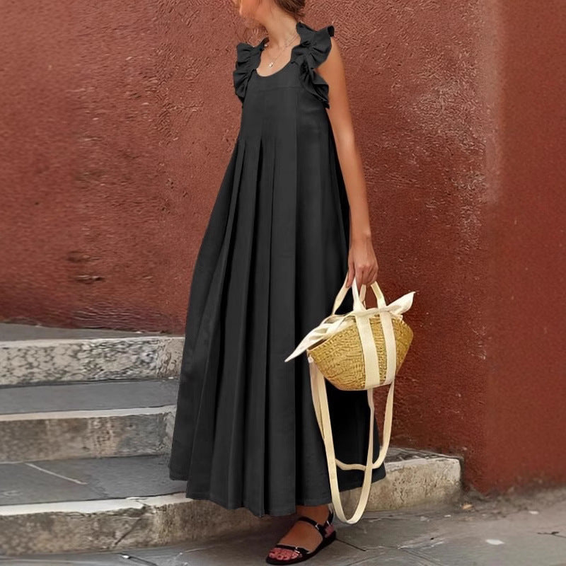 Women's Casual Long Ruffle-Trimmed Solid-Color Dress