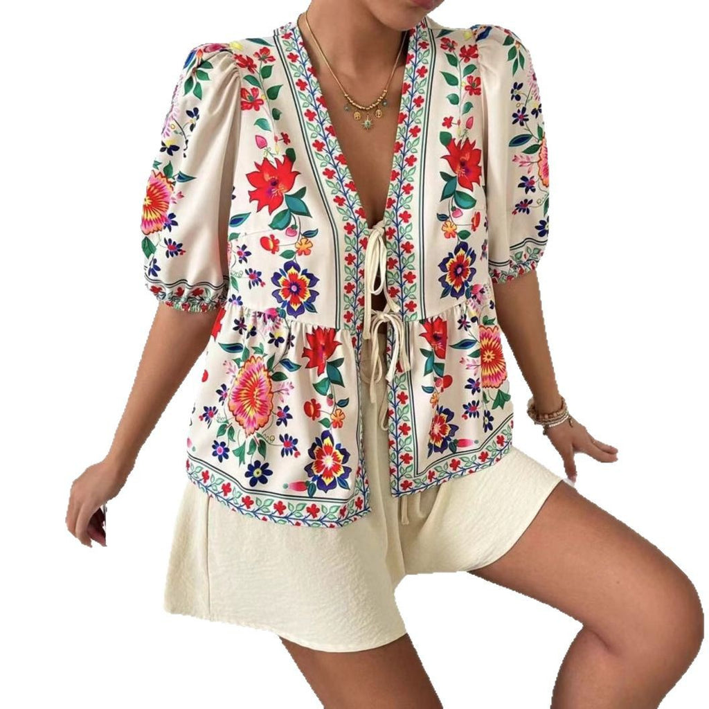 Women's Floral-print Cardigan With Tie-front Short-sleeve Top And Shorts Set